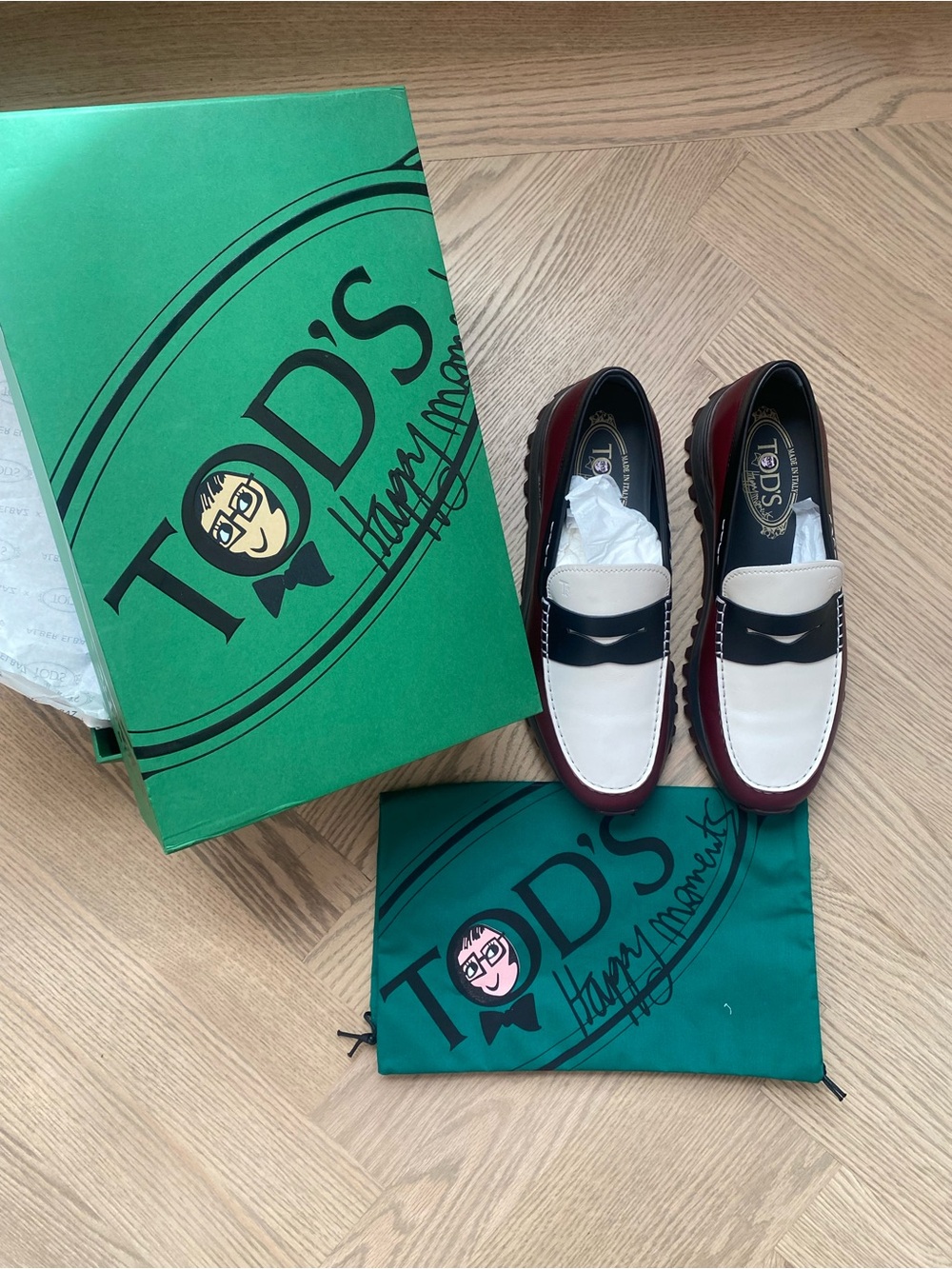 Tod's x Alber Elbaz Two-Tone Leather Penny Loafers in White, Black & Burgundy